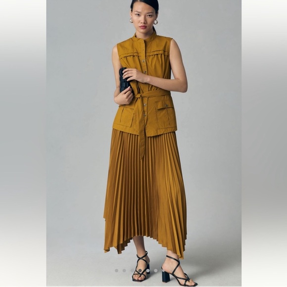 Anthropologie Sleeveless Vested Pleated
Midi Dress XL Utility Pockets Self Belt - Picture 2 of 16